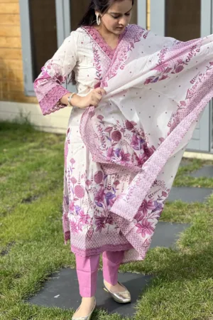 full view of white and pink jaipuri indian ladies suit