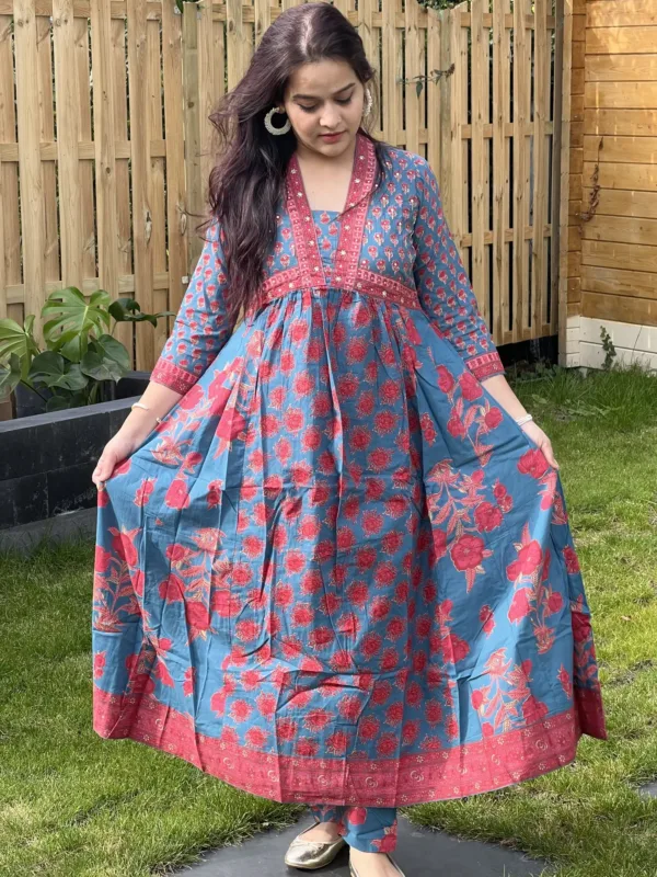 Jaipuri Anarkali Suit in Teal Blue and Red with Traditional Elegance