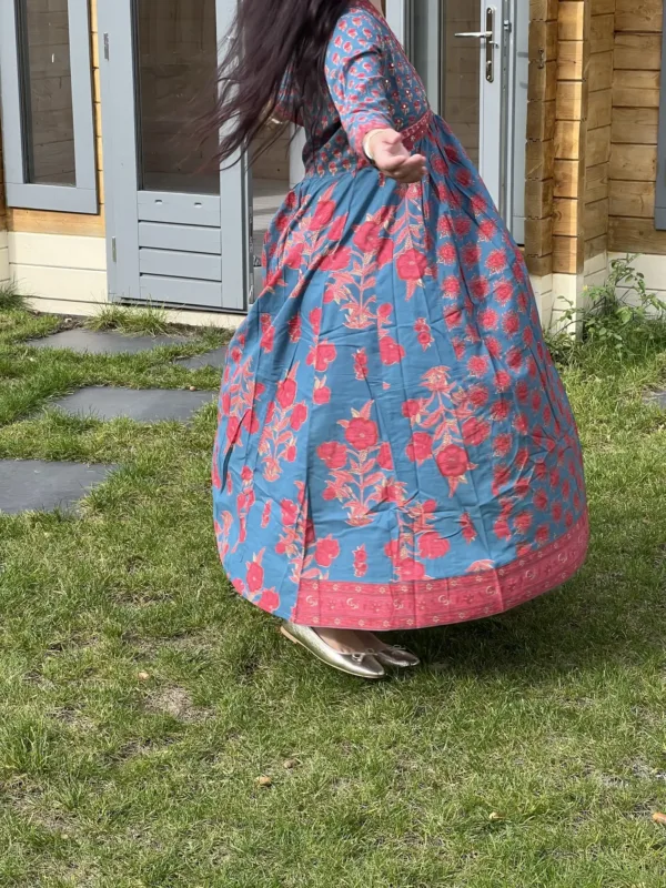 Jaipuri Anarkali Suit in Teal Blue and Red with Traditional Elegance