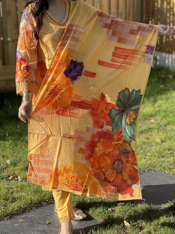 Vibrant Floral Printed Cotton Suit with Embellished Neckline – Yellow & Orange