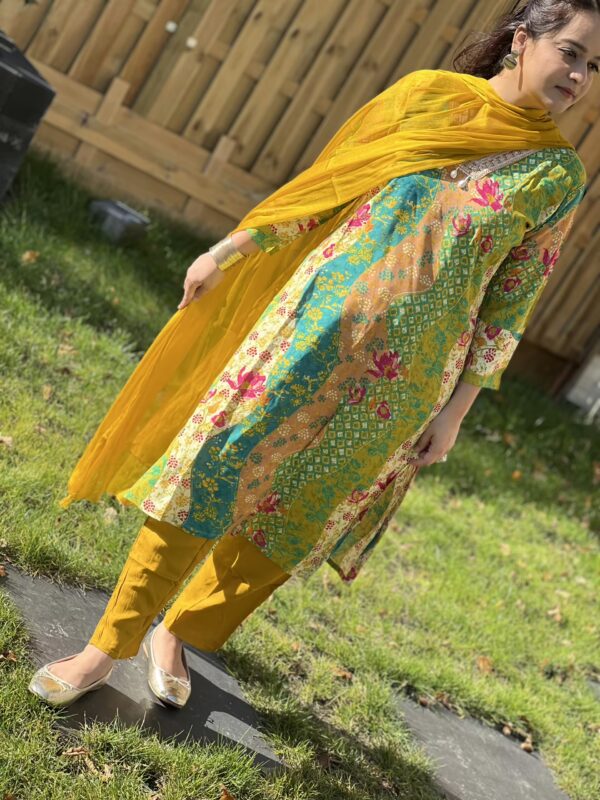 Vibrant Multicolor Floral Print Cotton Suit with Yellow Dupatta