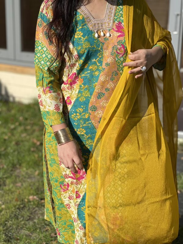 Vibrant Multicolor Floral Print Cotton Suit with Yellow Dupatta