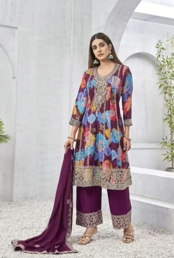 Vibrant Embroidered Maroon Chinon Suit Full View