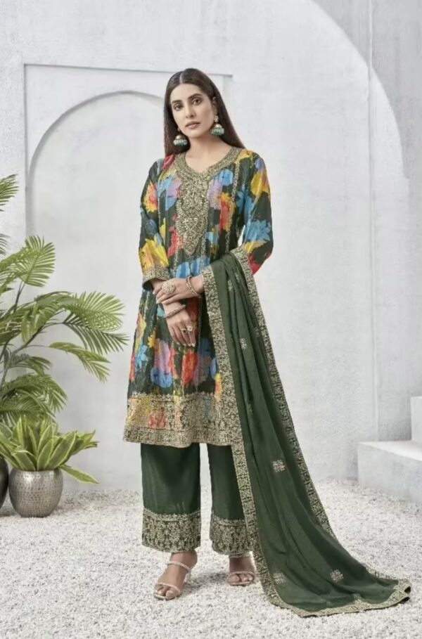 Vibrant Embroidered Mehendi Green Chinon Suit Full View