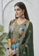 Vibrant Embroidered Mehendi Green Chinon Suit Close up