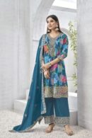 Vibrant Embroidered Blue Chinon Suit Full view