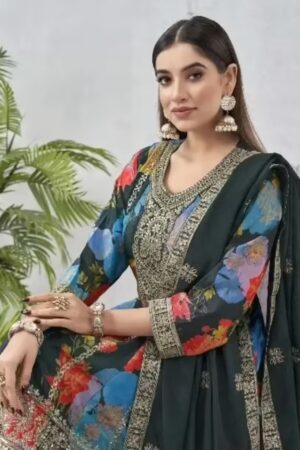Vibrant Embroidered Green Chinon Suit Close up