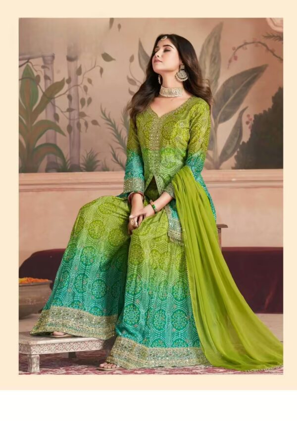 Green Bandhani Sharara Set with Mirror Embellishments and Dupatta